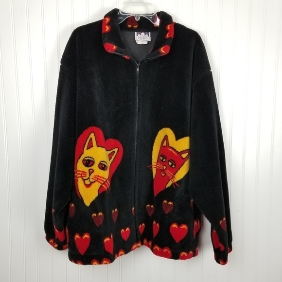 Vintage Polar Magic Fleece Jacket Black Novelty Y2K Canada Cats Hearts Size XL - Picture 11 of 11